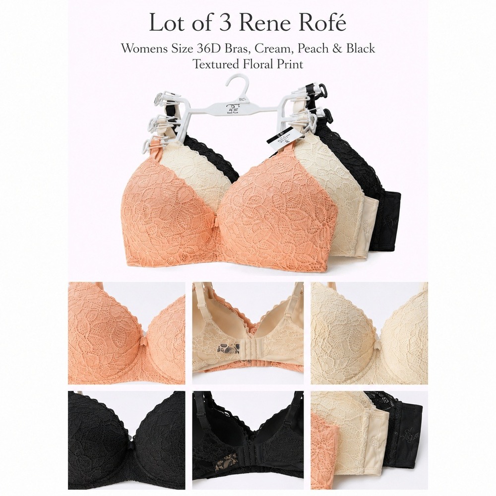 Rene Rofe Womens 36D‎ Bras Lot of 3 Cream Peach Black Textured Floral Lace Print